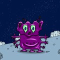 Crazy purple strange space alien or monster on a blue planet, asteroid or moon. Original colored illustration