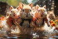 Crazy rabbits running on water, generative ai