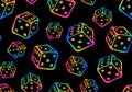 Crazy rainbow seamless pattern with flying outline rainbow colors game cubes . Royalty Free Stock Photo