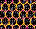 Crazy rainbow seamless pattern with repeated black cubes for board game.