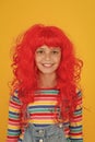 Crazy redhead wig. Messy hairstyle. Kid cheerful smiling happy redhead girl. I am ginger and proud of it. Redhead Royalty Free Stock Photo