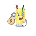 Crazy rich pina colada cocktail mascot design having money bags