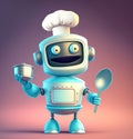 Crazy robot chef presenting food, holding a pot and big spoon over minimal background, generative AI illustration