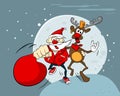 Crazy Rock Santa and reindeer. Funny vector illustration.