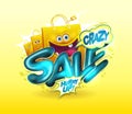 Crazy sale vector banner mockup with cartoon funny paper bags