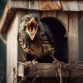 Crazy scary funny cuckoo bird climbed out of an antique clock and opened its beak,