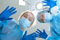 Crazy scary and funny doctors surgeons dentists in masks with gloves and coats scare and tease on camera. A nightmare patient. Royalty Free Stock Photo