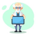 Crazy scientist with messege text board. Funny character. Cartoon vector illustration. Mad professor. Science experiment