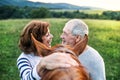 A crazy senior couple standing by a horse outside in nature, looking at each other.