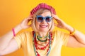 Crazy senior woman smile. Happy smiling senior people. on yellow background. Concepts about senior people retirement Royalty Free Stock Photo