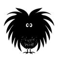 Crazy shaggy owl standing on thin paws and starring at you closeup. Good for tattoo. Editable vector monochrome image with high
