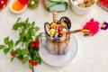Crazy shake on top with marshmallow, waffles, biscuits and sweets on a bright colored background Royalty Free Stock Photo