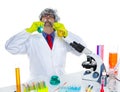 Crazy silly nerd scientist drinking chemical experiment Royalty Free Stock Photo