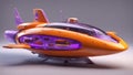 A crazy space ship with a orange and purple color scheme and a donut shape.