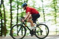 Crazy speed. Cyclist on a bike is on the asphalt road in the forest at sunny day Royalty Free Stock Photo