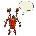 Crazy strange spiky space alien or monster with speech bubble. Original colored illustration