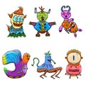 Crazy strange space alien or monster set of 6. Original colored illustrations Royalty Free Stock Photo