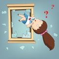 Crazy student thrown away from window and confused emotion ,Vector concept and cartoon design Royalty Free Stock Photo