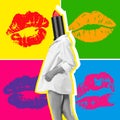 Crazy surreal art collage. Young female fashion model headed with red lipstick. Lip print background