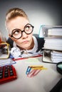Crazy thoughtful accountant businesswoman. Royalty Free Stock Photo