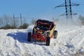 Winter UTV driving in white snow