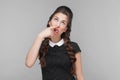 Crazy well dressed woman doing comic face and have idiotic look Royalty Free Stock Photo