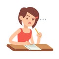 Crazy worried young woman student in panic on exam vector illustration