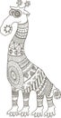 Crazy zoo. African styled tattooed cartoon giraffe, contour illustration for coloring book