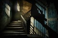 creaky staircase in abandoned old house, with shadows lurking in the darkness