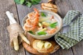 Cream of asparagus soup with prawns Royalty Free Stock Photo