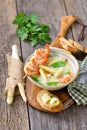 Cream of asparagus soup with prawns Royalty Free Stock Photo