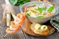 Cream of asparagus soup with prawns Royalty Free Stock Photo