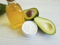 Cream avocado oil on white wooden health handmade care bottle