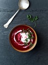 Cream of beetroot soup with cream and fresh parsley Royalty Free Stock Photo