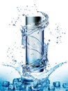 Cream bottle mock up in water splash on blue background. Royalty Free Stock Photo