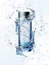 Cream bottle mock up in water splash on blue background.