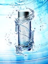 Cream bottle mock up in water splash on blue background.