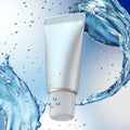 Cream bottle mock up in water splash on blue background. Royalty Free Stock Photo