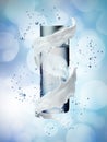 Cream bottle mock up in water splash on blue background. Royalty Free Stock Photo