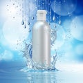 Cream bottle mock up in water splash on blue bokeh background. Royalty Free Stock Photo