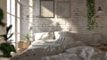 a cream brick loft bedroom, adorned with Scandinavian minimalist decor, inviting relaxation and tranquility.