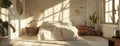 a cream brick loft bedroom, adorned with Scandinavian minimalist decor, inviting relaxation and tranquility.