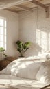 a cream brick loft bedroom, adorned with Scandinavian minimalist decor, inviting relaxation and tranquility.