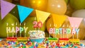 Cream cake with a candle for twenty years, Greeting colorful card happy birthday 20, birthday cupcake with candles and birthday