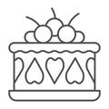 Cream cake with cherries thin line icon, Birthday cupcake concept, Cake with cherries on top sign on white background Royalty Free Stock Photo