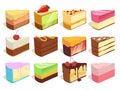 Cream cake slices pieces. Vector illustrations set in cartoon style