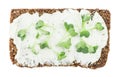 Cream Cheese with fresh Cress on a slice of bread isolated on white Royalty Free Stock Photo