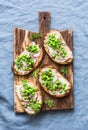 Cream cheese, green peas, radishes and micro greens spring sandwiches on a cutting board. Healthy eating, slimming, diet lifestyle Royalty Free Stock Photo