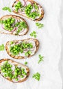 Cream cheese, green peas, radishes and micro greens spring sandwiches on a light background, top view. Healthy eating, diet conce