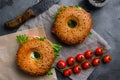 Cream cheese and smoked salmon bagel, on gray stone table background, top view flat lay Royalty Free Stock Photo